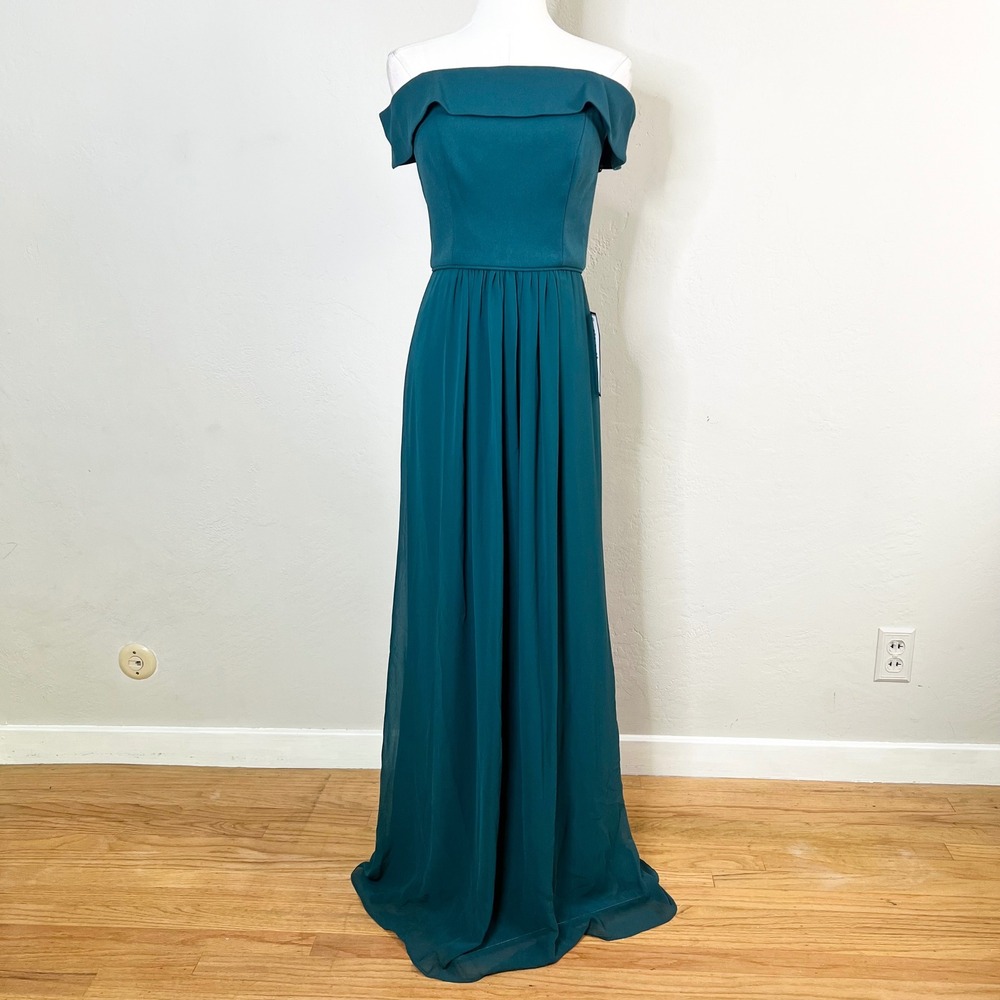 Adrianna Papell Crepe Chiffon Gown Maxi Size 2 Hunter Green Off Shoulder New